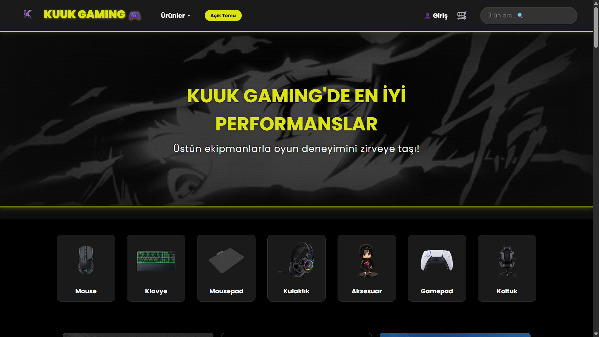 Oyuncu ekipmanları e-ticaret web sitesi tasarımı — EminTechLab web tasarım projesi