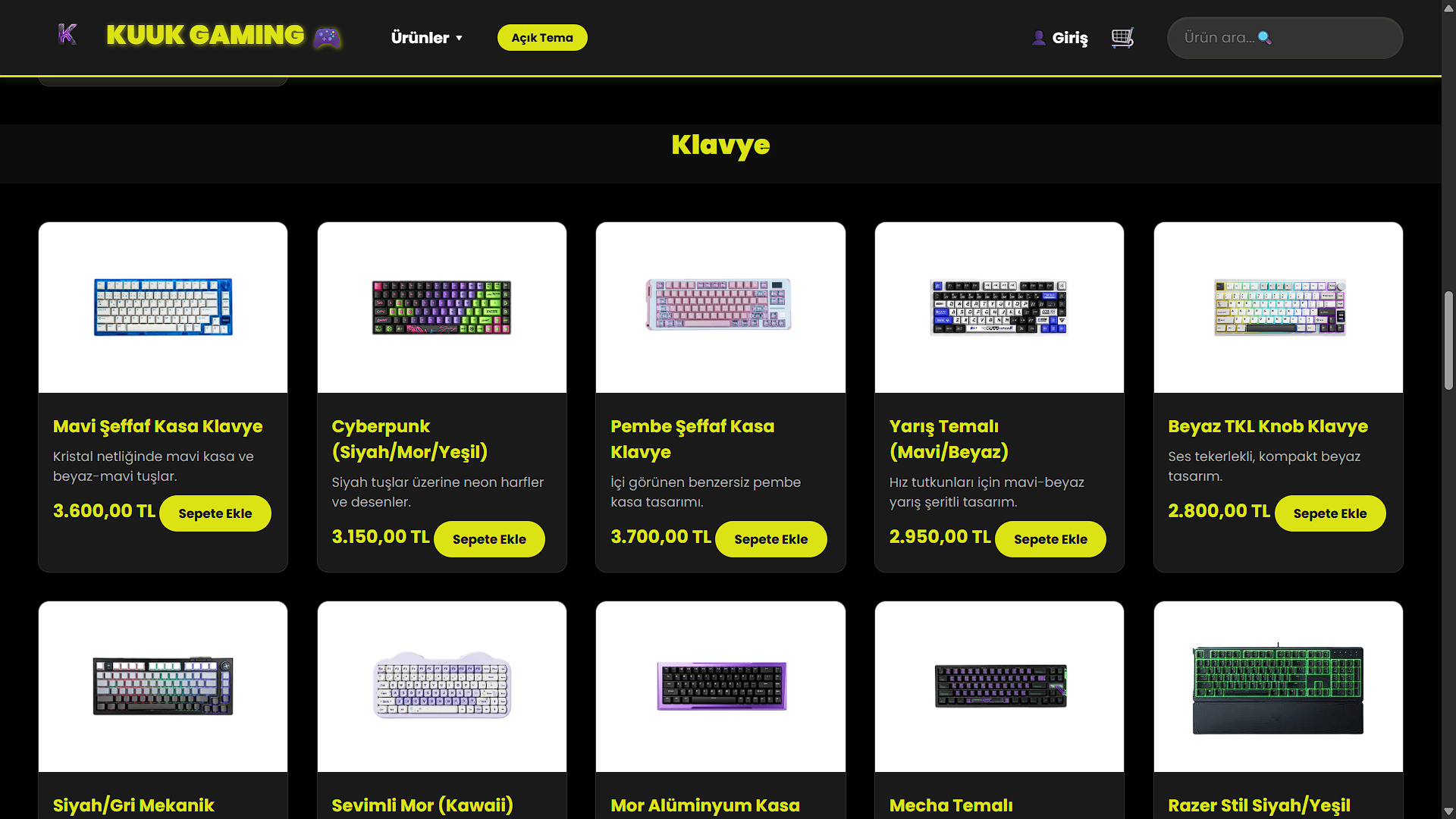 Oyuncu ekipmanları e-ticaret ürün listeleme ve kategori sayfası tasarımı