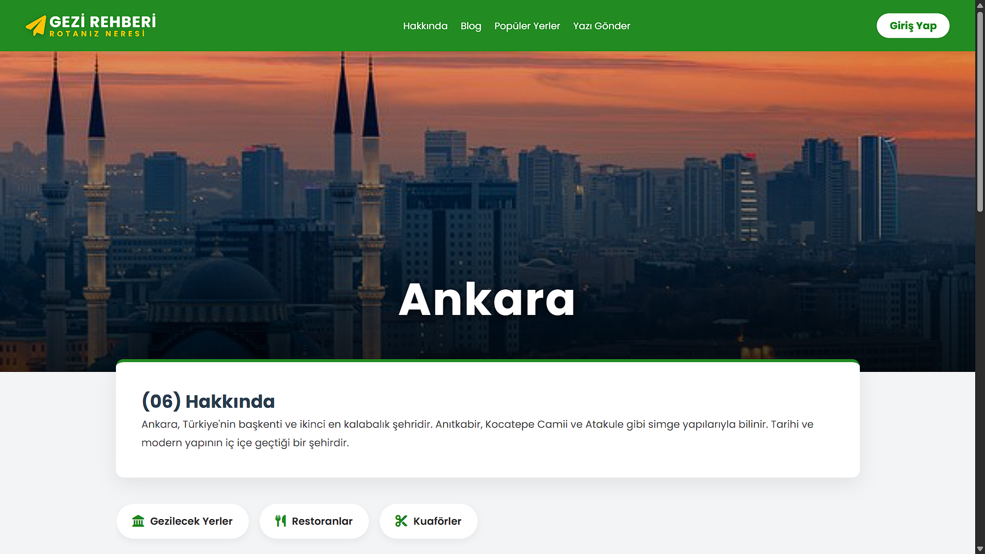 Şehir rehberi Ankara tanıtım ve bilgi sayfası tasarımı