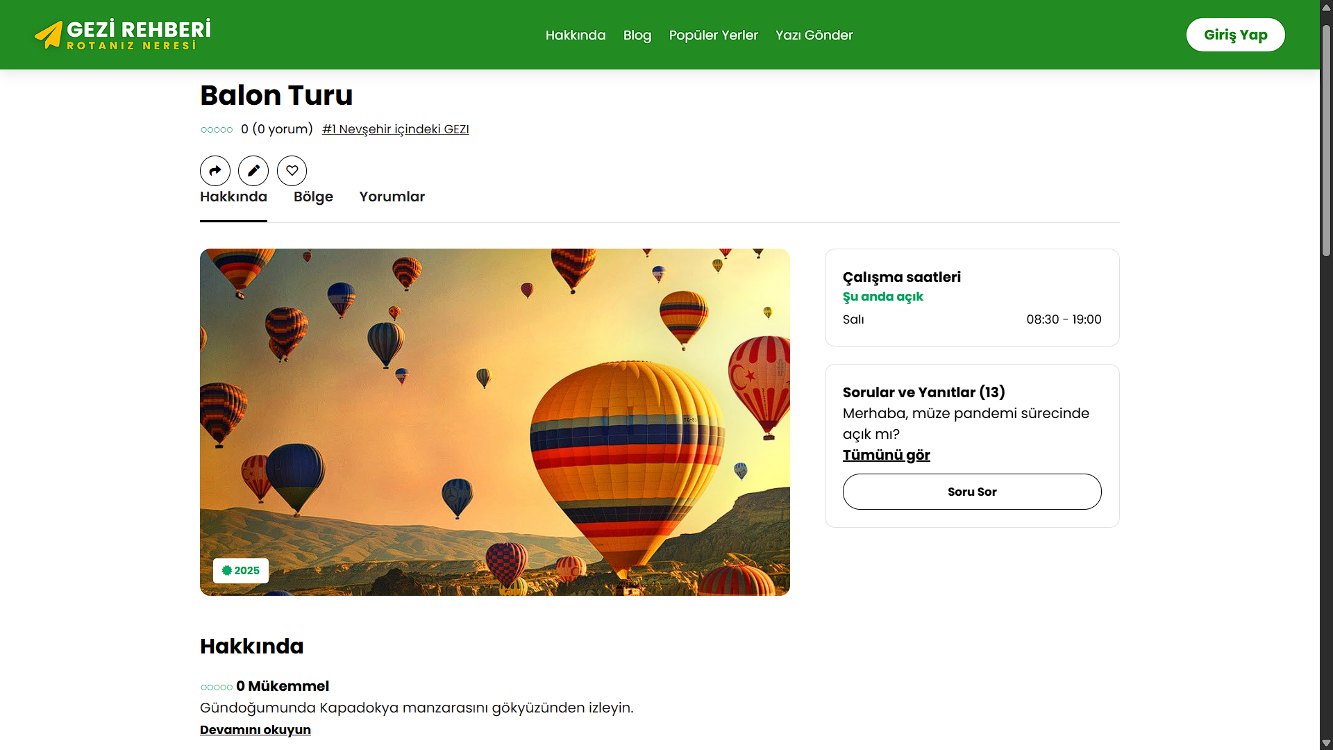 Şehir rehberi balon turu mekan detay sayfası ve kullanıcı yorum sistemi